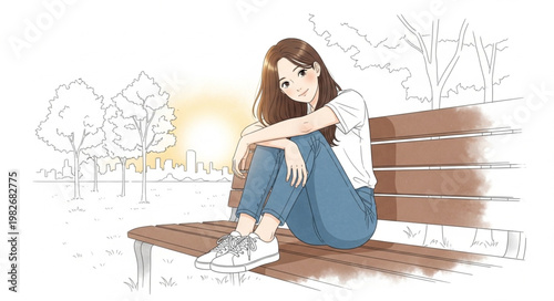 Woman sitting alone on a park bench, looking thoughtful and sad.