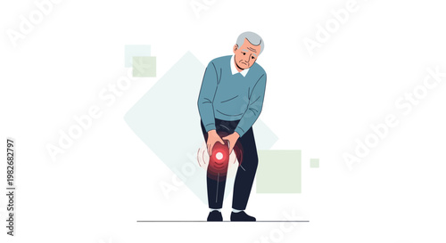 Elderly man suffering from knee pain, joint ache, and arthritis, medical illustration