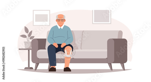Elderly Man With Bandaged Knee Sitting On Sofa, Experiencing Joint Pain