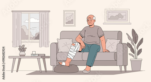 Elderly Man with Bandaged Leg Resting on Sofa After Injury