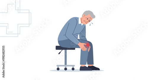 Elderly man with knee pain sitting on a stool, medical illustration