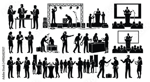 Business conference event silhouettes, professional seminar and corporate presentation vector set, stage production and networking people icons