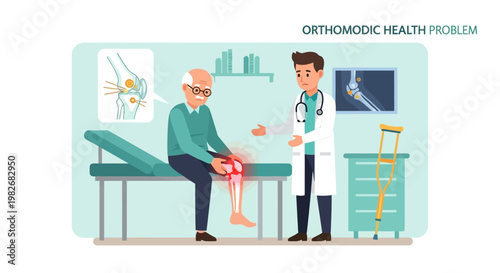 Elderly man with knee pain consulting doctor in clinic, orthopedic health problem
