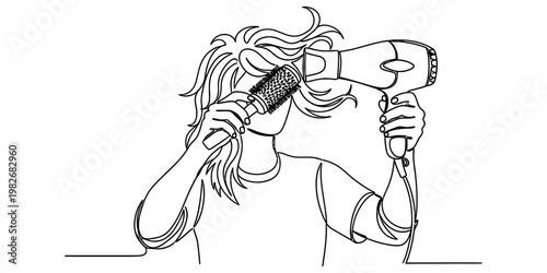 A simple continuous line drawing of a woman styling her hair with a hair dryer and round brush.