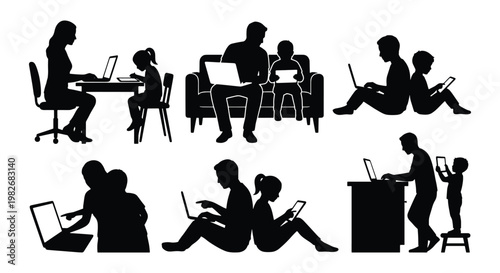 Family using technology silhouettes, parents and children with laptops and tablets, home office and remote learning vector set