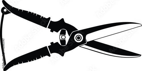A black and white illustration depicts a pair of metal shears tool used for cutting sheet metal high quality professional detailed
