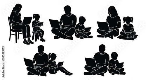 Family silhouette set with parents and children using laptops and tablets, collection of 5 vector elements, people working and learning at home
