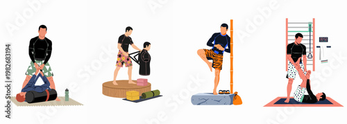 A set of minimalist illustrations depicting men engaged in various martial arts training, grappling drills, and fitness exercises against a clean white background.