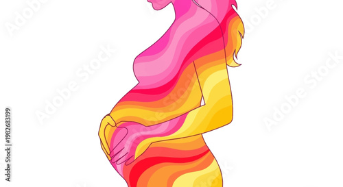 A pregnant woman's silhouette filled with colorful, swirling abstract waves in hues of pink and yellow, symbolizing the beauty and vitality of motherhood