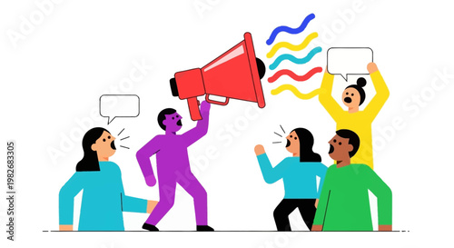 Illustration of diverse people shouting with a megaphone and speech bubbles, symbolizing protest, activism, and public speaking to share messages and opinions