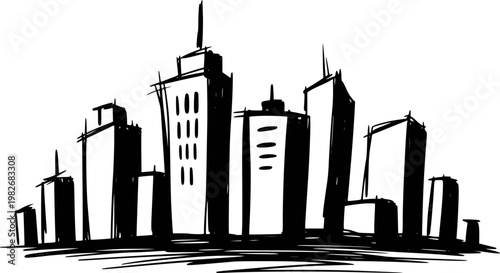 Hand-drawn black silhouette of a city skyline with tall buildings white background