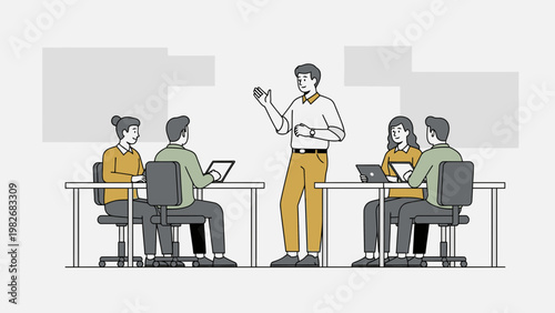 Business meeting with team discussing ideas, presenter leading discussion in office