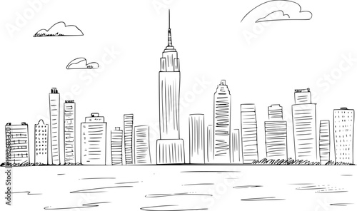 Hand drawn of a city skyline with iconic tall buildings and clouds urban