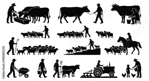 Black farm silhouette collection, livestock and farmer icons set, agricultural workers with cows and sheep, rural ranching vector graphics