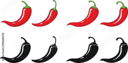 A vibrant arrangement of four red chili peppers and their black silhouette counterparts is displayed high quality professional detailed modern elegant