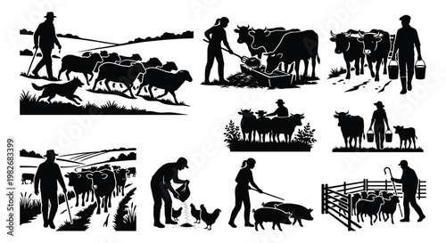 Vintage farm life silhouettes, rustic agriculture and livestock farming scenes, traditional farmer and animal husbandry vector set