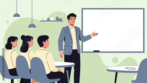 Business meeting with trainer presenting at whiteboard to attentive colleagues