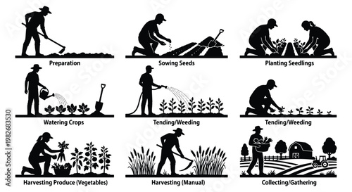 Farming and gardening silhouette icons set, farmers planting seeds and harvesting crops, agricultural workers tending vegetables vector collection