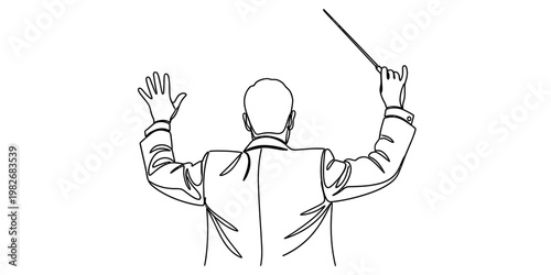 A black and white line drawing of a music conductor leading an orchestra with a small baton