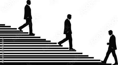 Three silhouetted businessmen are ascending a staircase representing progress and corporate ambition in a minimalist style high quality professional detailed modern