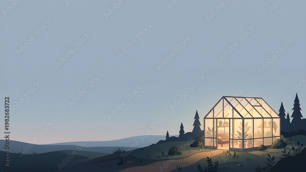 Fototapeta premium Cozy Greenhouse at Twilight in a Peaceful Rural Landscape