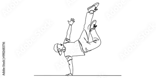 A continuous line drawing depicting a young breakdancer performing a stylish one handed freeze pose