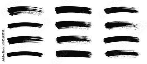 Abstract grunge texture banner collection, black brush strokes, redacted text bars, ink divider lines, vector label set, rough artistic elements for branding, posters, and digital design layouts.