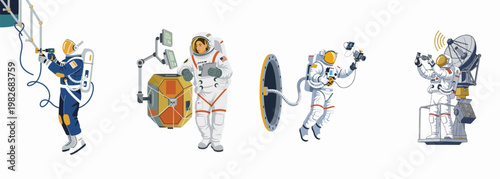 Set of flat vector illustrations featuring astronauts in space suits performing various mission tasks like repairs, research, spacewalks, and communication.