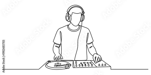 A continuous line drawing of a male disc jockey wearing headphones and mixing music on a turntable