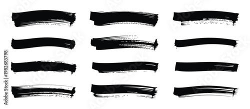 Abstract grunge texture banner collection, black brush strokes, redacted text bars, ink divider lines, vector label set, rough artistic elements for branding, posters, and digital design layouts.
