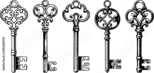 Ornate antique skeleton keys collection, vintage engraved white background