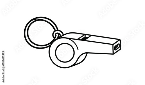 Illustration of a classic referee whistle with a loop handle, isolated on a white background, symbolizing sports and authority.