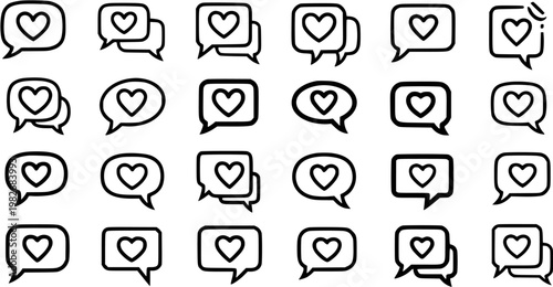 Black  White Line Art Heart Speech Bubble Vector Icons. Digital Communication, Social Media, Like, Love, Feedback Symbols for Apps and Websites UIUX.