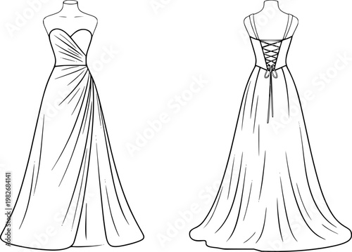 Strapless gown with draping and corset back, front and back view line dress wedding