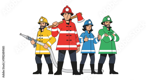 Illustration of a diverse team of firefighters, representing bravery and community service, ready to respond to emergencies