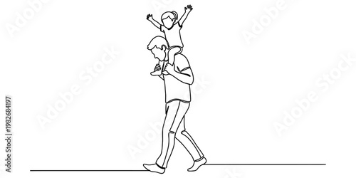 A minimal continuous line drawing illustration depicting a father carrying his child on shoulders
