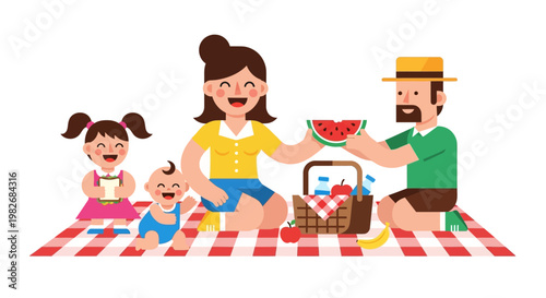 Happy family enjoying a summer picnic with watermelon and food basket on a red and white checkered blanket, outdoors illustration