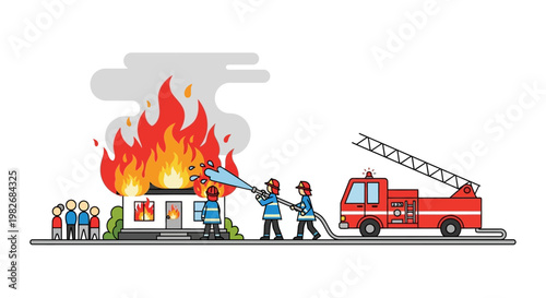 Firefighters battling a house fire, extinguishing flames with water from a fire truck, and a crowd watching the emergency scene unfold