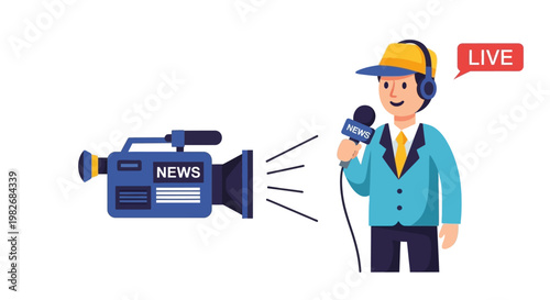 Journalist reporting live with a news camera broadcasting a current event on television and online media platforms