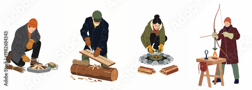 Collection of survivalists practicing various primitive fire-starting techniques and bushcraft skills including bow drill, flint and steel, and wood carving.