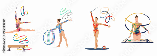 Set of vector illustrations featuring rhythmic gymnasts performing with ribbons and hoops in various artistic poses on a white background.