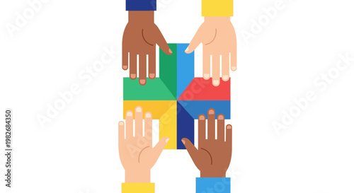 Diverse Hands Unite to Form a Colorful, Interconnected Square Symbolizing Collaboration and Unity