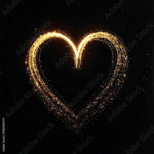 A golden heart shape made of sparkles on a black background