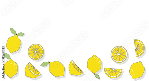 Fresh Yellow Lemons Border Background, Sliced and Whole Citrus Fruits with Leaves on White