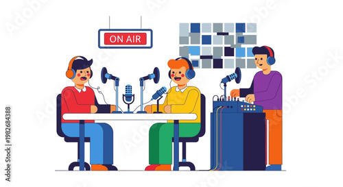 Podcast recording session with three hosts interacting and discussing ideas in a studio setting with audio equipment