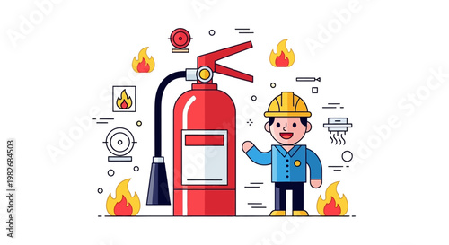Fire safety preparedness with a firefighter, fire extinguisher, and warning symbols, symbolizing emergency response and protection from flames