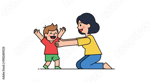 Joyful mother embracing her delighted son as he takes his first steps, celebrating a heartwarming milestone of childhood development and familial love