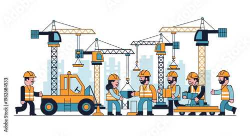 Construction Site Scene with Cranes, Workers, and Equipment in a Flat Design Style