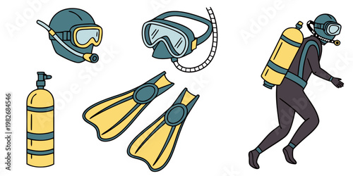Scuba diving equipment collection icons and swimming diver silhouette with equipment underwater recreation adventure nautical illustration collection isolated activity exploration