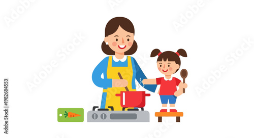 Mother and daughter happily cooking together in the kitchen, a heartwarming scene of family bonding and shared activities